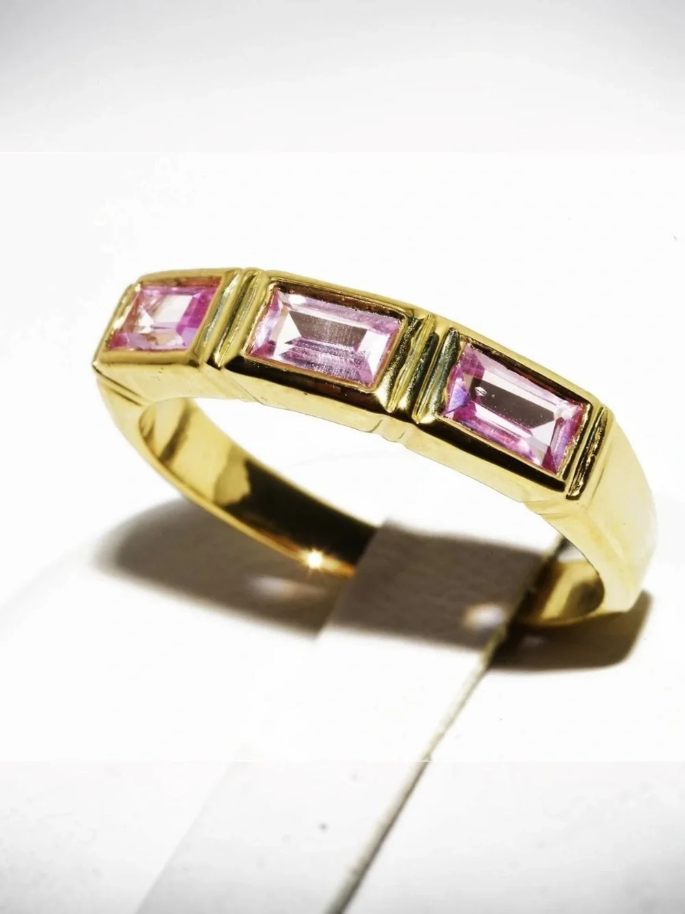 Pink Sapphire 3 Stone Band Gold Over Sterling Silver Lab Created Emerald Cut